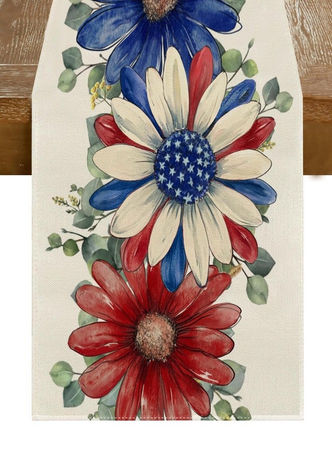 RABUSOFA Floral Patriotic Fourth of July Table Runner,Seasonal Memorial Day Kitchen Dining Table 4th of July Decorations for Home Party Decor 13x72 Inch - Image 1