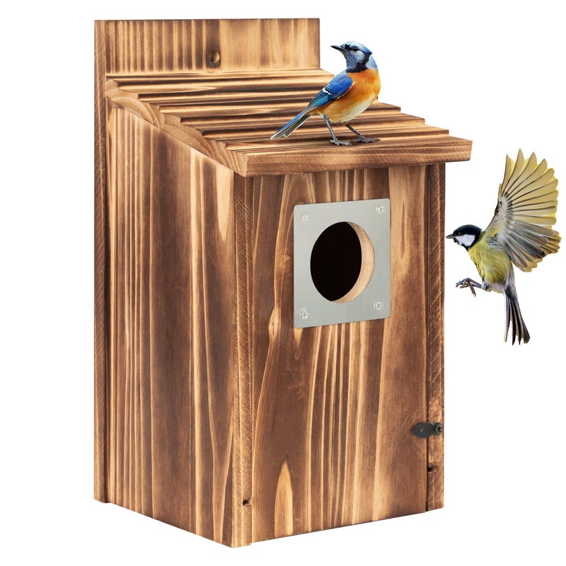UUMENHA Bird Houses for Outside with Metal Predator Guard for Bluebird Wren Swallow Finch, Carbonized Wooden Nesting Boxes for Outdoor, Sturdy Bird House,Easy to Clean - Image 1