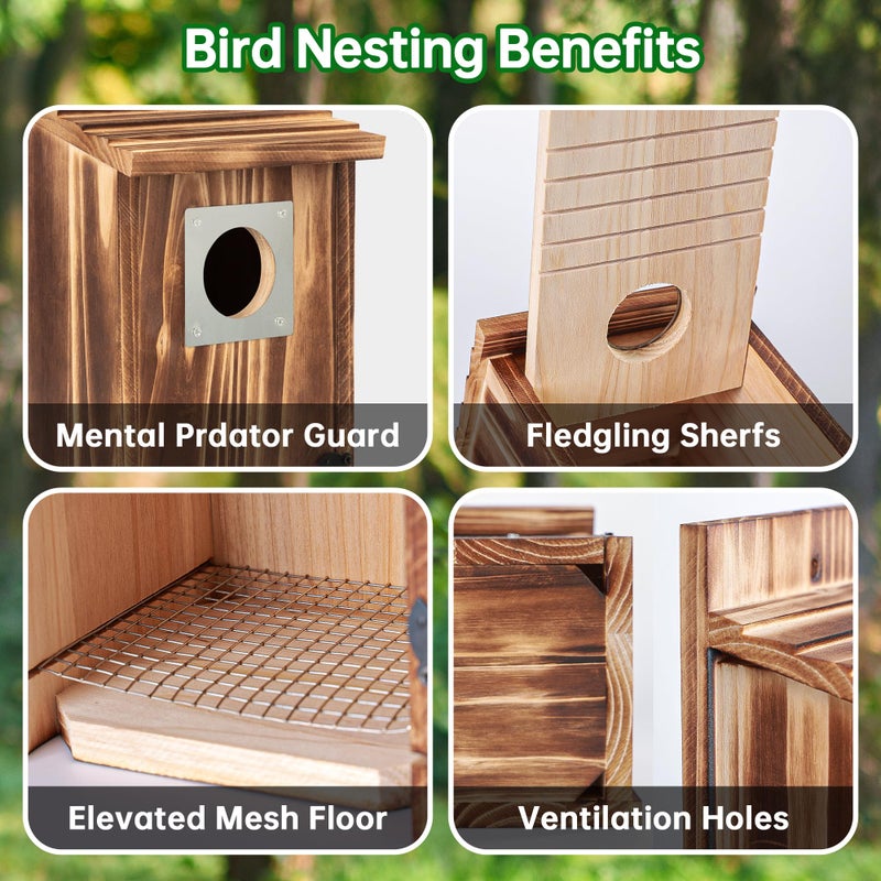 UUMENHA Bird Houses for Outside with Metal Predator Guard for Bluebird Wren Swallow Finch, Carbonized Wooden Nesting Boxes for Outdoor, Sturdy Bird House,Easy to Clean - Image 4