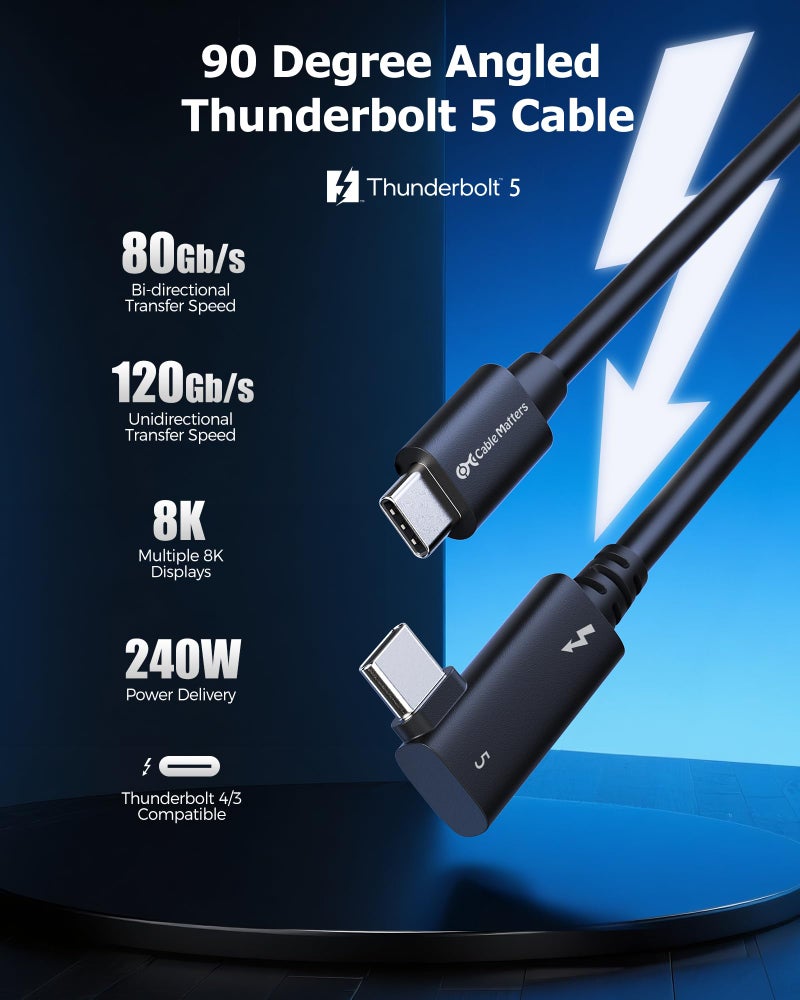 Cable Matters [Intel Certified] 80Gbps Right Angle Thunderbolt 5 Cable with up to 120Gbps Bandwidth Boost and 240W Charging - 0.8m / 2.6ft, Compatible with Thunderbolt 4, USB4, and USB C, Black - Image 2