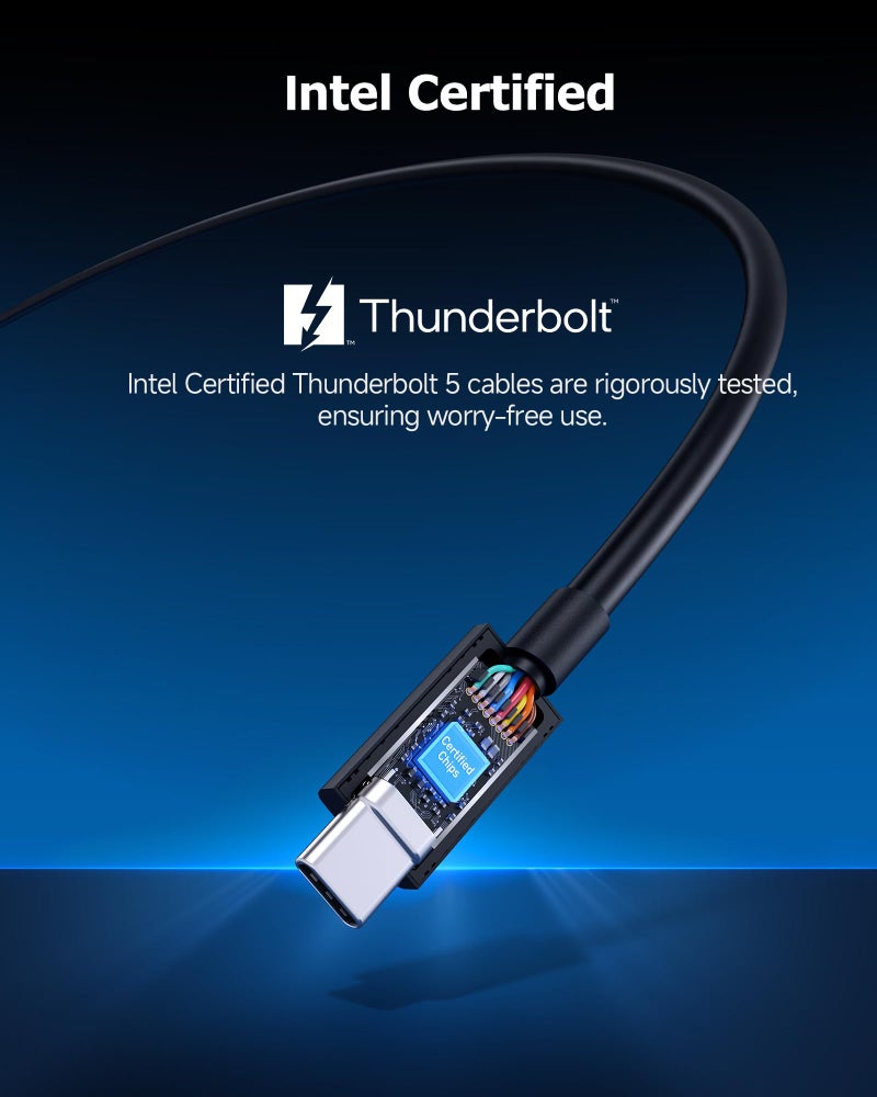Cable Matters [Intel Certified] 80Gbps Right Angle Thunderbolt 5 Cable with up to 120Gbps Bandwidth Boost and 240W Charging - 0.8m / 2.6ft, Compatible with Thunderbolt 4, USB4, and USB C, Black - Image 3