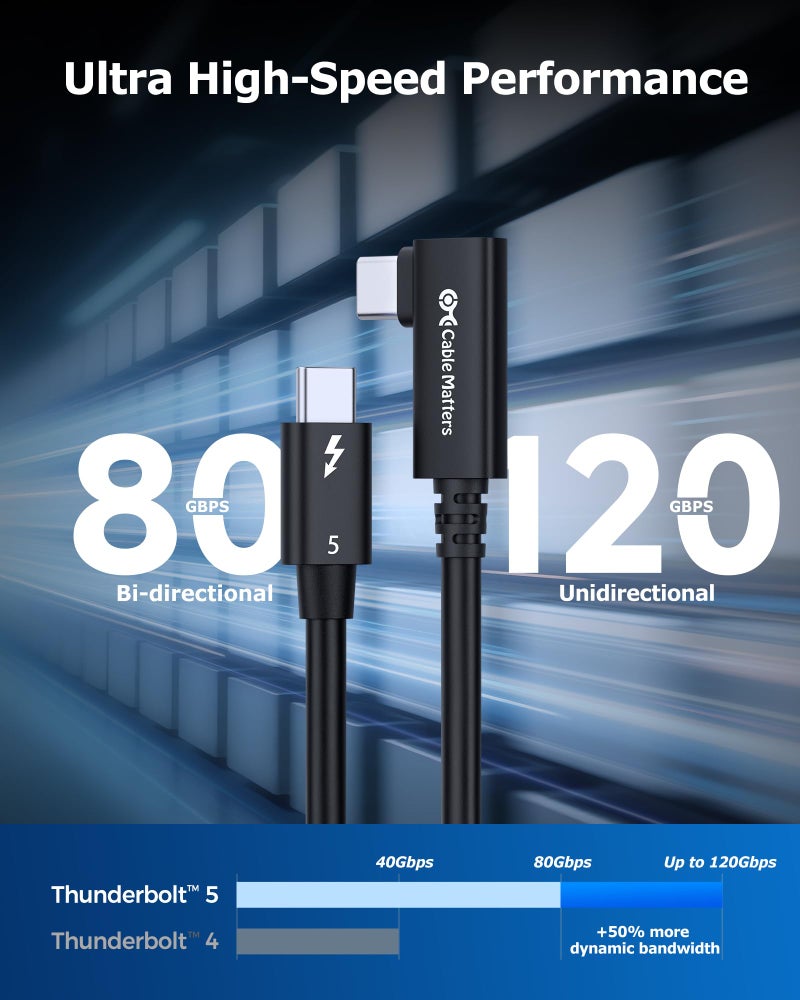 Cable Matters [Intel Certified] 80Gbps Right Angle Thunderbolt 5 Cable with up to 120Gbps Bandwidth Boost and 240W Charging - 0.8m / 2.6ft, Compatible with Thunderbolt 4, USB4, and USB C, Black - Image 4