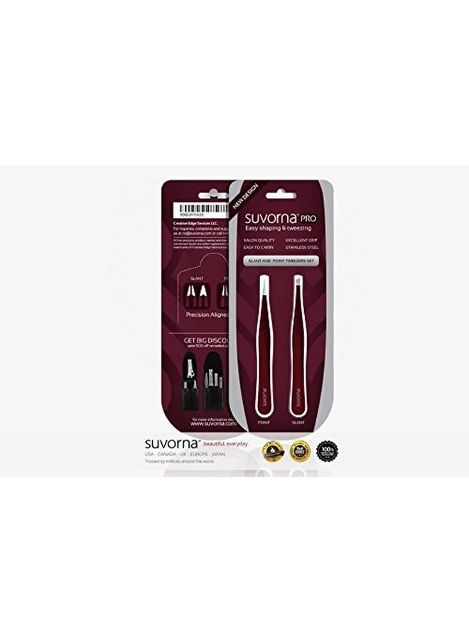 Suvorna - 4 Precision Aligned Professional Tweezers Color Sets With Premium Stainless Steel. One Sharp Pointed Pair And One Slant Tip Pair For Eyebrow Shaping. Great For Ingrown Hair. (Maroon) - Image 1
