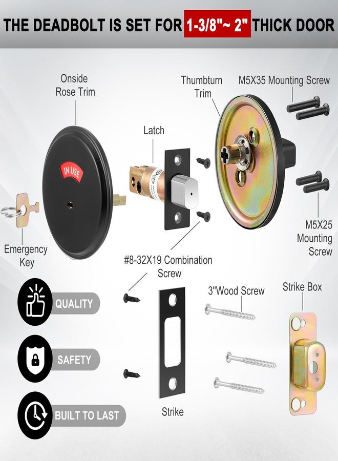 Tandefio 1 Pcs Deadbolt with Occupancy Indicator, Vacant Occupied Bathroom Lock 304 Stainless Steel Lock Indicator for Commercial Restroom Fit Door Thickness from 1 3/8" to 2", Satin Chrome (Black) - Image 3
