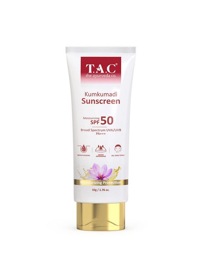 TAC - The Ayurveda Co. Tac Kumkumadi Gold Glow Sunscreen Spf 50 Pa+++| High Grade Sun Protection With Uva/B + Blue Light Barrier|Ultra Light Sunscreen Gel|For Oily & Dry Skin|Water-Based Hydrating Formula|No White Cast -50G  - Image 1