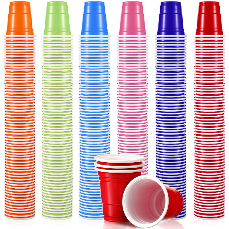 Mimorou 600 Pack 2 Oz Plastic Shot Glasses Disposable Plastic Shot Cups Mini Multicolor Party Cups for BBQ Christmas Party Tastings Sample Picnic Camping Daily Life Wedding  6 Colors - Image 1