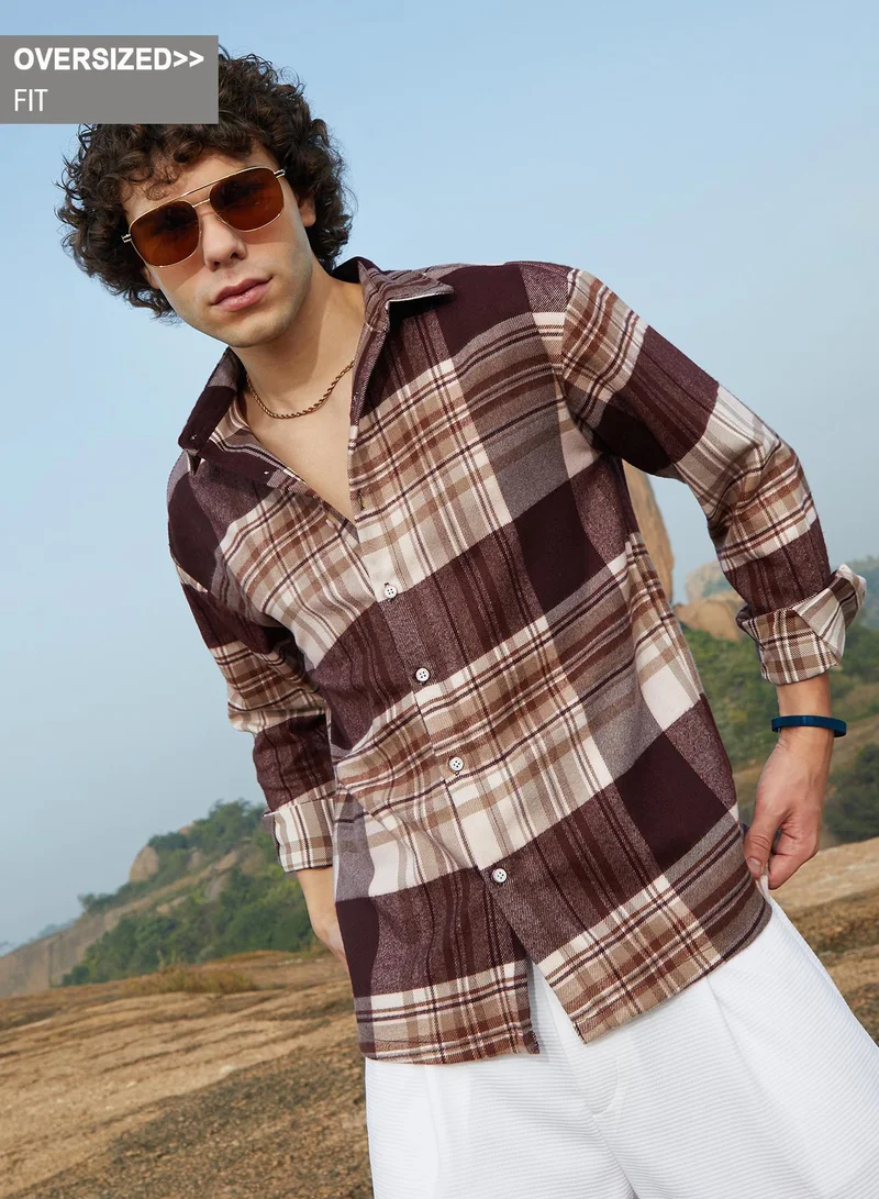Campus Sutra Campus Sutra Men's Mocha Brown Plaid Oversized Shirt For Casual Wear | Spread Collar | Long Cuffed Sleeves | Button Closure | Oversized Shirt Crafted With Comfort Fit For Everyday Wear