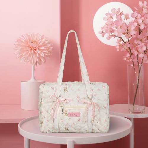 Lebaley Coquette Bag with Bow Keychain White Pink Floral Travel Duffel Bag for Women Sweetly Bunny Handbag Cute Quilted Puffer Bags Shoulder Purse Carry on Bags for Travel Family Trip Christmas Gifts Business - Image 3