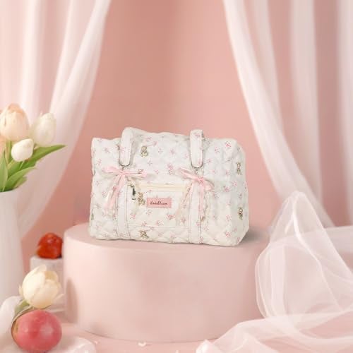 Lebaley Coquette Bag with Bow Keychain White Pink Floral Travel Duffel Bag for Women Sweetly Bunny Handbag Cute Quilted Puffer Bags Shoulder Purse Carry on Bags for Travel Family Trip Christmas Gifts Business - Image 2