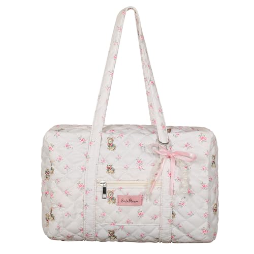 Lebaley Coquette Bag with Bow Keychain White Pink Floral Travel Duffel Bag for Women Sweetly Bunny Handbag Cute Quilted Puffer Bags Shoulder Purse Carry on Bags for Travel Family Trip Christmas Gifts Business - Image 1