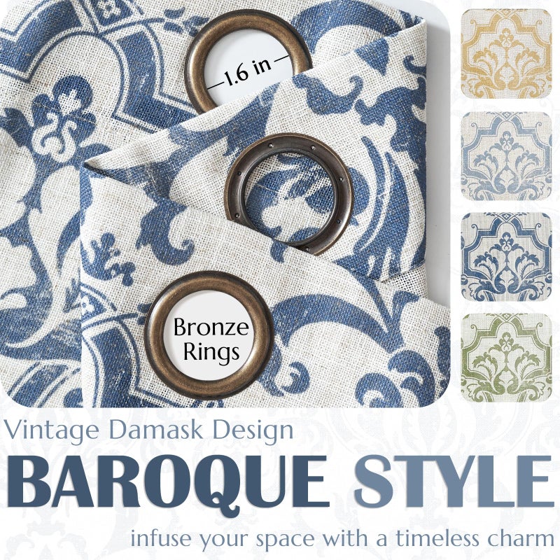 jinchan Curtains for Bedroom, Light Filtering 96 Inch Length 2 Panels Set, Baroque Style Linen Blend Drapes Living Room, Vintage Damask Window Treatments, Grommet Top Slate Blue on Flax, W52 X L96 - Image 5