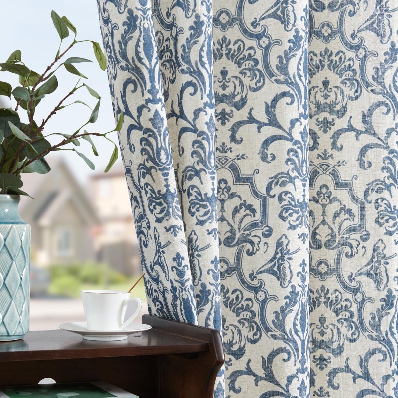 jinchan Curtains for Bedroom, Light Filtering 96 Inch Length 2 Panels Set, Baroque Style Linen Blend Drapes Living Room, Vintage Damask Window Treatments, Grommet Top Slate Blue on Flax, W52 X L96 - Image 2