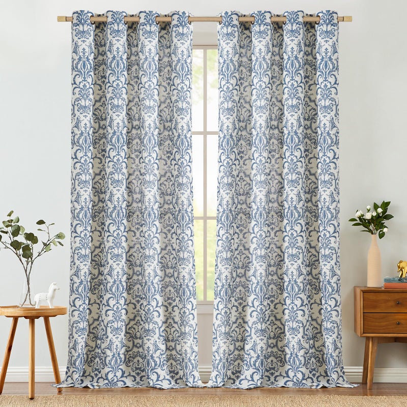 jinchan Curtains for Bedroom, Light Filtering 96 Inch Length 2 Panels Set, Baroque Style Linen Blend Drapes Living Room, Vintage Damask Window Treatments, Grommet Top Slate Blue on Flax, W52 X L96 - Image 1