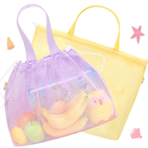 Tagitary Beach Toys Kids Beach Bag Tote with DrawstringYellow Purple Mesh Bag Travel Beach Essentials for Kids Swim Pool Gym Bag Camping Accessories Toys Storage Lightweight Foldable Birthday Gifts - Image 1
