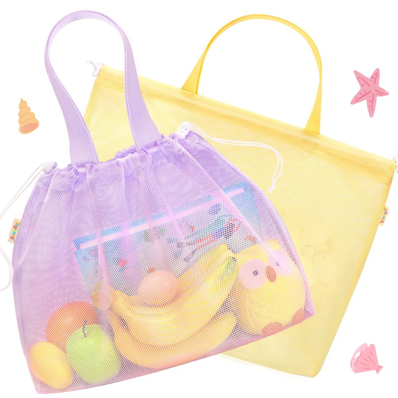 Tagitary Beach Toys Kids Beach Bag Tote with DrawstringYellow Purple Mesh Bag Travel Beach Essentials for Kids Swim Pool Gym Bag Camping Accessories Toys Storage Lightweight Foldable Birthday Gifts - Image 3