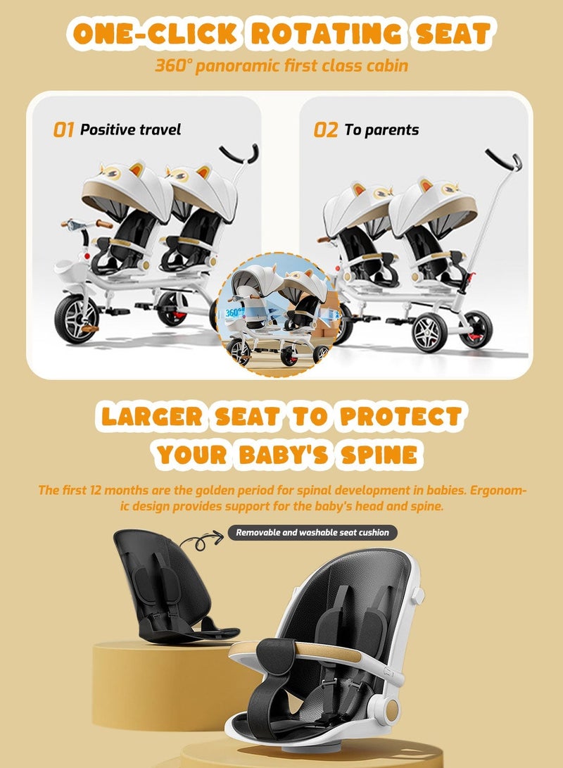 MaBaby 2-in-1 Convertible Stroller and Tricycle Double Stroller Bike for Twins, Reclining Seat & 360° Rotating, 4-Stage Grow-with-Me Kid's Trike w/Sun Canopy & Music Lights, Lightweight Foldable Design - Image 4