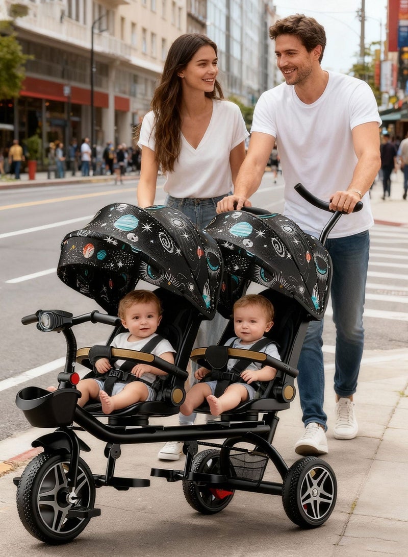 MaBaby 2-in-1 Convertible Stroller and Tricycle Double Stroller Bike for Twins, Reclining Seat & 360° Rotating, 4-Stage Grow-with-Me Kid's Trike w/Sun Canopy & Music Lights, Lightweight Foldable Design - Image 3