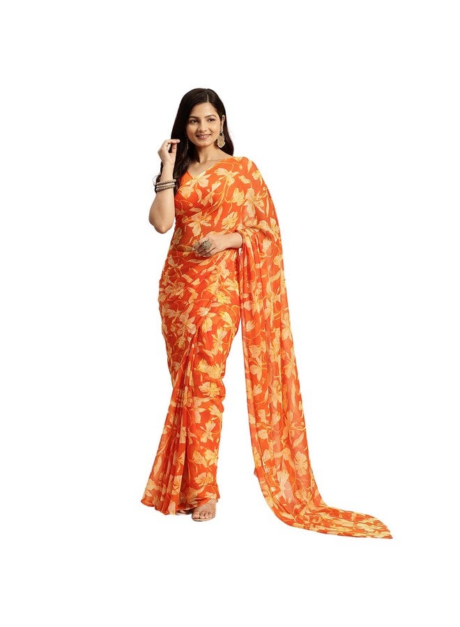 RATAN Women's Chiffon Floral Printed Saree with Unstitched Blouse Piece(DVF-BP-40507_Orange) - Image 1
