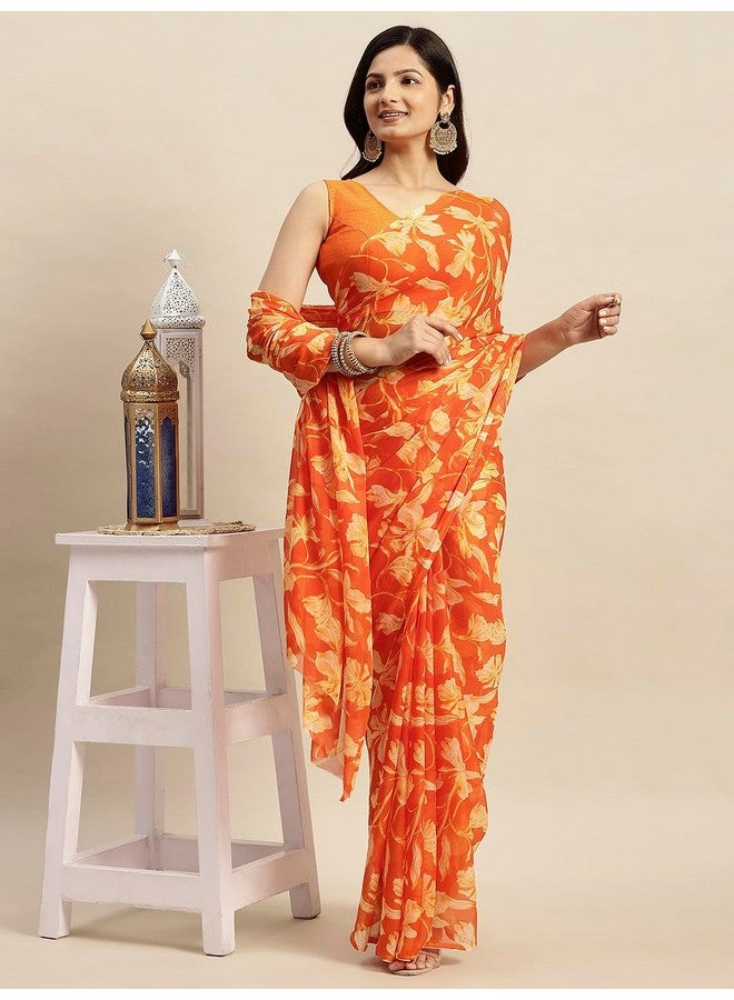 RATAN Women's Chiffon Floral Printed Saree with Unstitched Blouse Piece(DVF-BP-40507_Orange) - Image 2