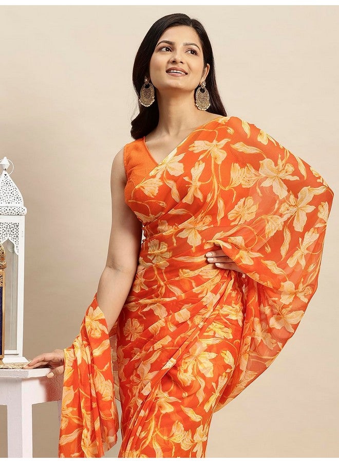 RATAN Women's Chiffon Floral Printed Saree with Unstitched Blouse Piece(DVF-BP-40507_Orange) - Image 3