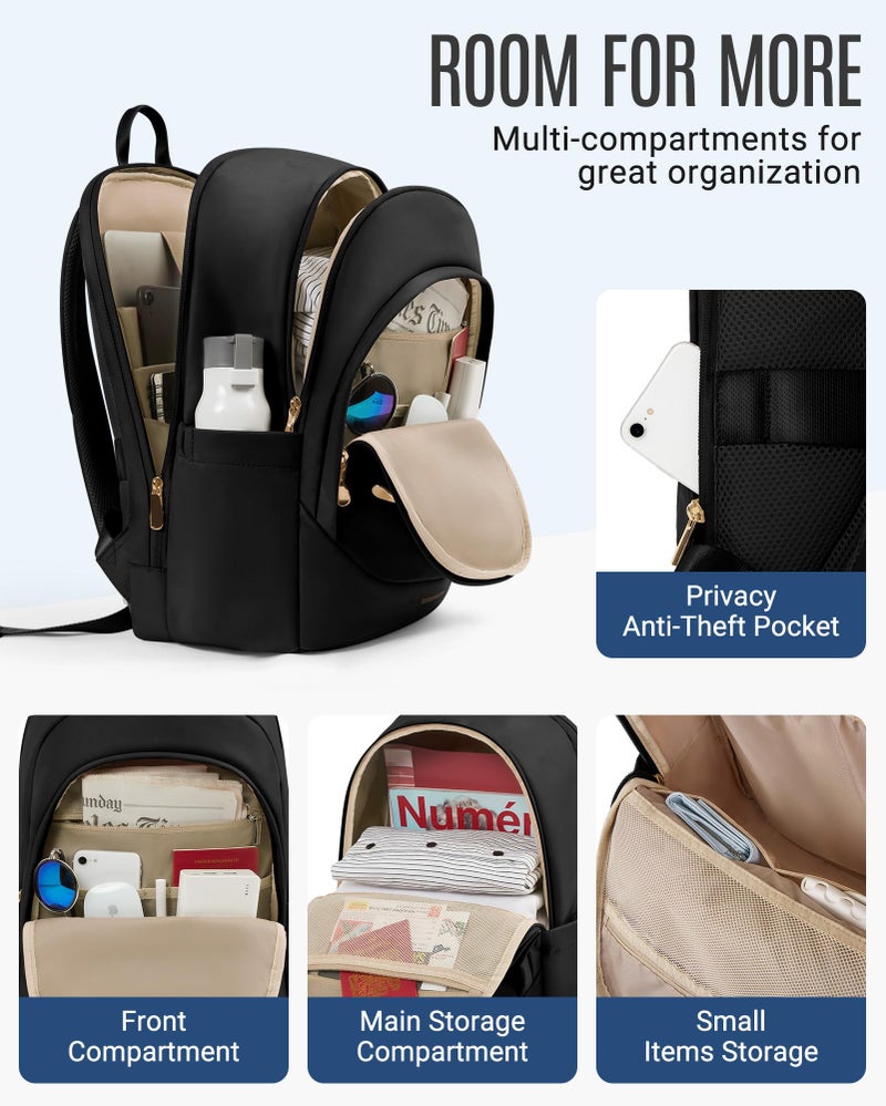 LIGHT FLIGHT LIGHT FLIGHT Travel Backpack for Women, 15.6 Inch Laptop Backpack with USB Charging Hole, Water Resistant College Bookbag, Large Capacity Black Computer Backpacks for Work, Black  - Image 2