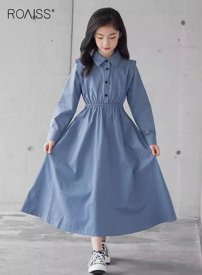 roaiss Girls Solid Shirt Dress, Stylish A Line Dress for Girls, Long Sleeve Button Down Frock with Shirt Collar, Suitable for Daily Wear or Any Occasion - Image 1