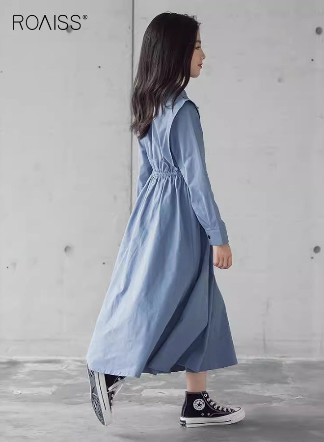 roaiss Girls Solid Shirt Dress, Stylish A Line Dress for Girls, Long Sleeve Button Down Frock with Shirt Collar, Suitable for Daily Wear or Any Occasion - Image 2