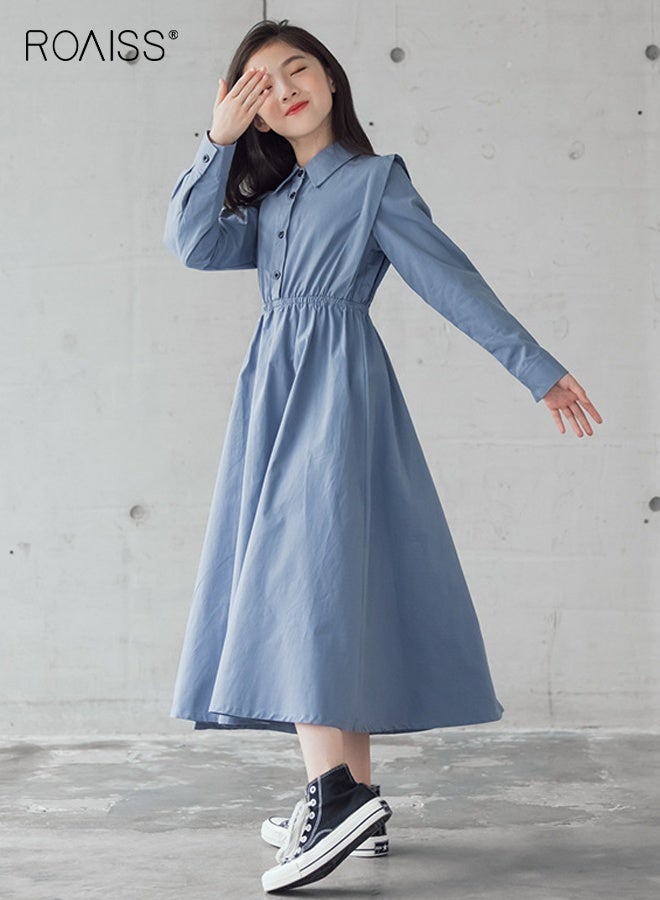 roaiss Girls Solid Shirt Dress, Stylish A Line Dress for Girls, Long Sleeve Button Down Frock with Shirt Collar, Suitable for Daily Wear or Any Occasion - Image 3