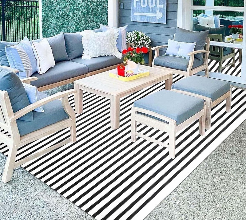 BUAGETUP Black and White Patio Rug,4x6ft Outdoor Rugs Washable Living Room Rug Layered Doormat Cotton Hand Woven Floor Mat for Indoor Outdoor Doormat - Image 1