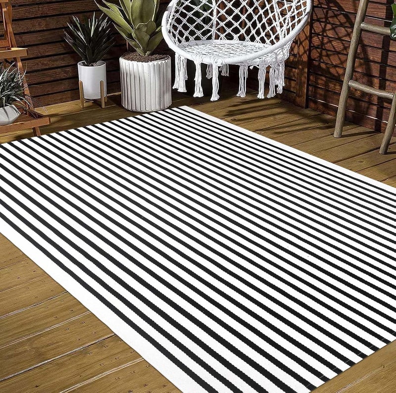 BUAGETUP Black and White Patio Rug,4x6ft Outdoor Rugs Washable Living Room Rug Layered Doormat Cotton Hand Woven Floor Mat for Indoor Outdoor Doormat - Image 5