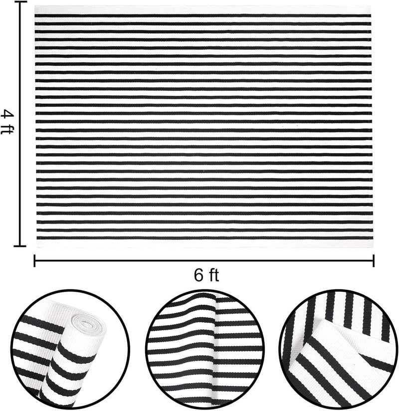 BUAGETUP Black and White Patio Rug,4x6ft Outdoor Rugs Washable Living Room Rug Layered Doormat Cotton Hand Woven Floor Mat for Indoor Outdoor Doormat - Image 2