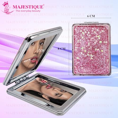 MAJESTIQUE Metal Glitter Square Pocket Mirror, 1X 2X Magnifying Folding, Compact, Framed, Tabletop Mounting for Girls, Men, Women - Designs and Color May Vary - Image 2