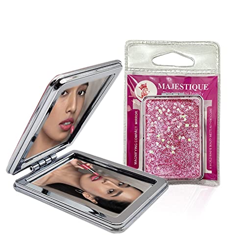 MAJESTIQUE Metal Glitter Square Pocket Mirror, 1X 2X Magnifying Folding, Compact, Framed, Tabletop Mounting for Girls, Men, Women - Designs and Color May Vary - Image 1
