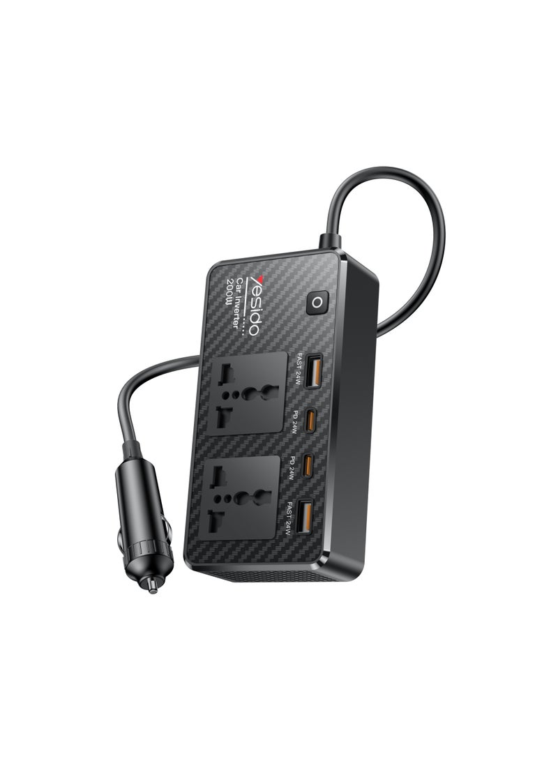 Yesido محول طاقة السيارة Yesido 200W - شاحن مركبة متعدد المنافذ مع مقابس AC، USB QC3.0 وشحن سريع PD - Image 1