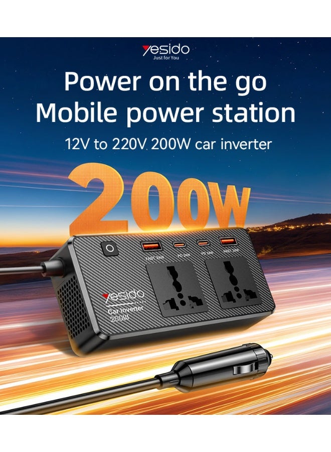 Yesido محول طاقة السيارة Yesido 200W - شاحن مركبة متعدد المنافذ مع مقابس AC، USB QC3.0 وشحن سريع PD - Image 4