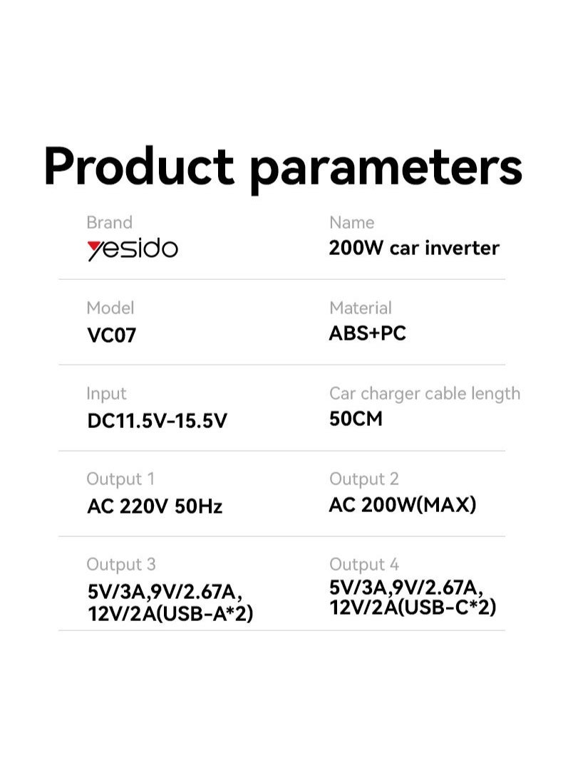 Yesido محول طاقة السيارة Yesido 200W - شاحن مركبة متعدد المنافذ مع مقابس AC، USB QC3.0 وشحن سريع PD - Image 5