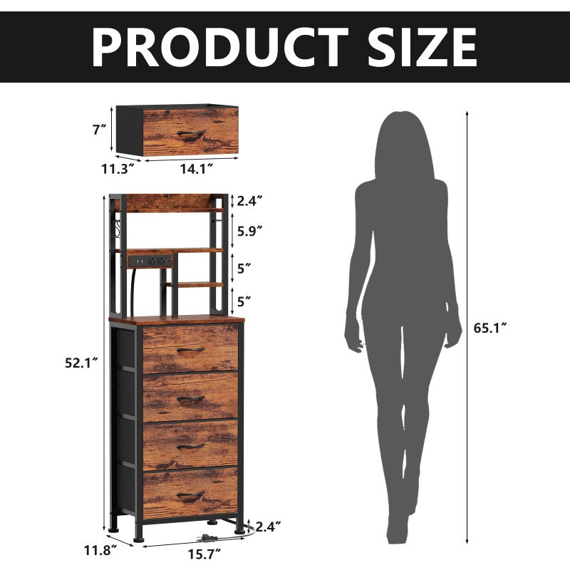 Furnulem Tall Night Stand, LED Nightstand with Charging Station and USB Ports, 4 Fabric Drawers and 4 Tier Storage Shelf, Bedside Table for Bedroom, Home, Dorm, Office (Rustic Brown) - Image 2