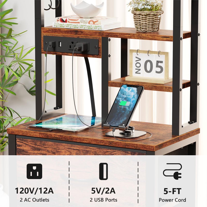 Furnulem Tall Night Stand, LED Nightstand with Charging Station and USB Ports, 4 Fabric Drawers and 4 Tier Storage Shelf, Bedside Table for Bedroom, Home, Dorm, Office (Rustic Brown) - Image 5