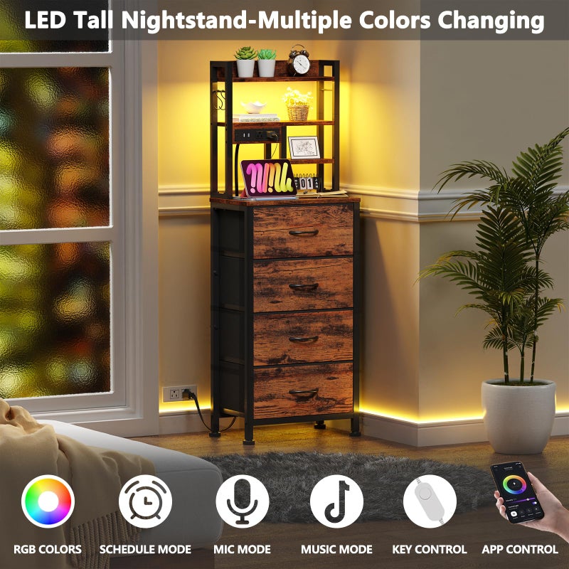 Furnulem Tall Night Stand, LED Nightstand with Charging Station and USB Ports, 4 Fabric Drawers and 4 Tier Storage Shelf, Bedside Table for Bedroom, Home, Dorm, Office (Rustic Brown) - Image 3