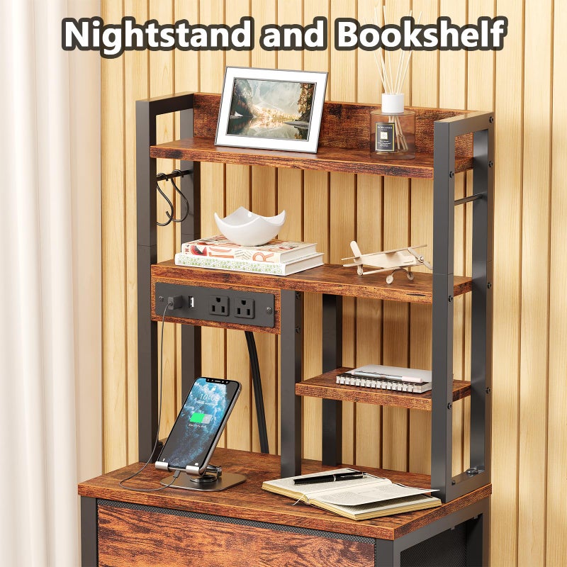 Furnulem Tall Night Stand, LED Nightstand with Charging Station and USB Ports, 4 Fabric Drawers and 4 Tier Storage Shelf, Bedside Table for Bedroom, Home, Dorm, Office (Rustic Brown) - Image 4