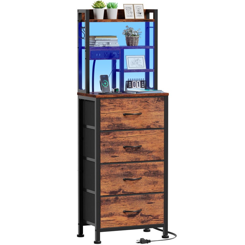 Furnulem Tall Night Stand, LED Nightstand with Charging Station and USB Ports, 4 Fabric Drawers and 4 Tier Storage Shelf, Bedside Table for Bedroom, Home, Dorm, Office (Rustic Brown) - Image 1