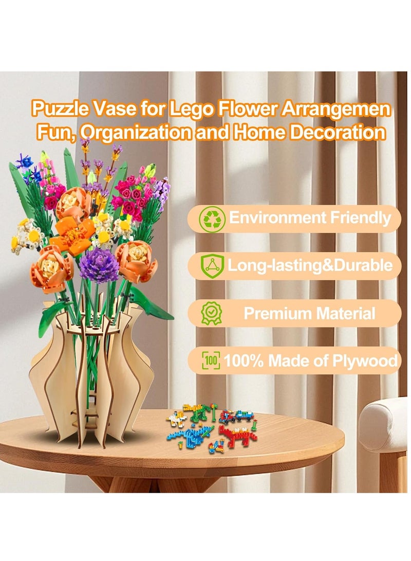 Captaintech Wooden Puzzle Flower Vase, Vase for Lego Flowers, for Lego Flower Bouquet Building Set, Aesthetic Home Decor, Display Stand for Lego Roses Cherry Blossom Sunflower Tulips Daffodils Lotus  - Image 4