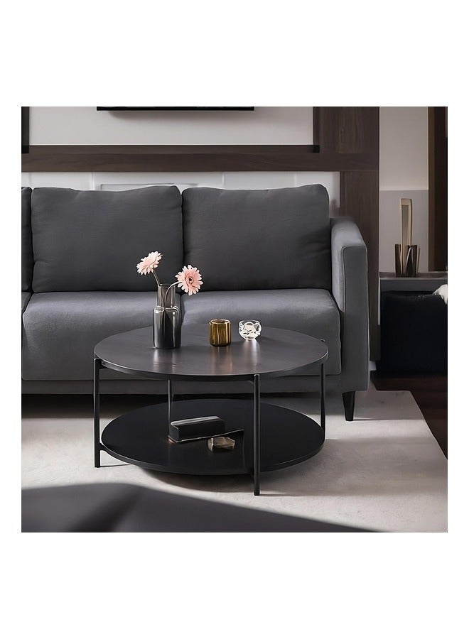 Micasa 2-Tier Open Shelf Round Coffee Table with Steel Leg Black 13 x 90 x 90 cm AD-CT0613B  - Image 2