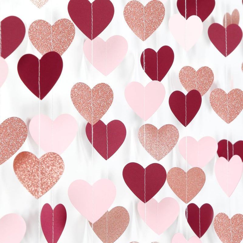 burgleda Burgundy-Red Rose-Gold Valentines Party-Decorations Heart-Garland - 52ft Pink Galentines Hanging Streamers Banner,Women Romantic Special Night Wedding Bachelorette Birthday Backdrop Decor Burgleda - Image 1