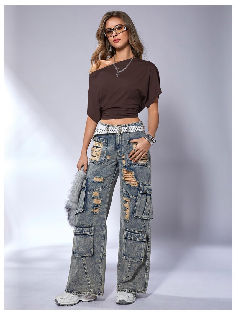 SweatyRocks Women's Off The Shoulder Crop Tops Asymmetrical Y2K Going Out Top Dolman Short Sleeve 2026 Summer Trendy Clothes Chocolate Brown Medium - Image 5