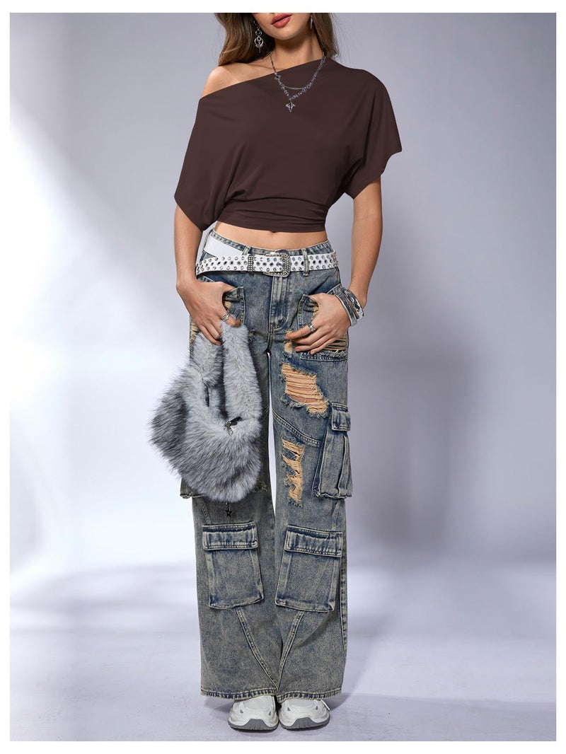 SweatyRocks Women's Off The Shoulder Crop Tops Asymmetrical Y2K Going Out Top Dolman Short Sleeve 2026 Summer Trendy Clothes Chocolate Brown Medium - Image 4