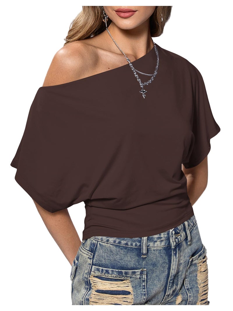 SweatyRocks Women's Off The Shoulder Crop Tops Asymmetrical Y2K Going Out Top Dolman Short Sleeve 2026 Summer Trendy Clothes Chocolate Brown Medium - Image 1