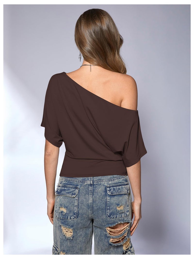 SweatyRocks Women's Off The Shoulder Crop Tops Asymmetrical Y2K Going Out Top Dolman Short Sleeve 2026 Summer Trendy Clothes Chocolate Brown Medium - Image 2
