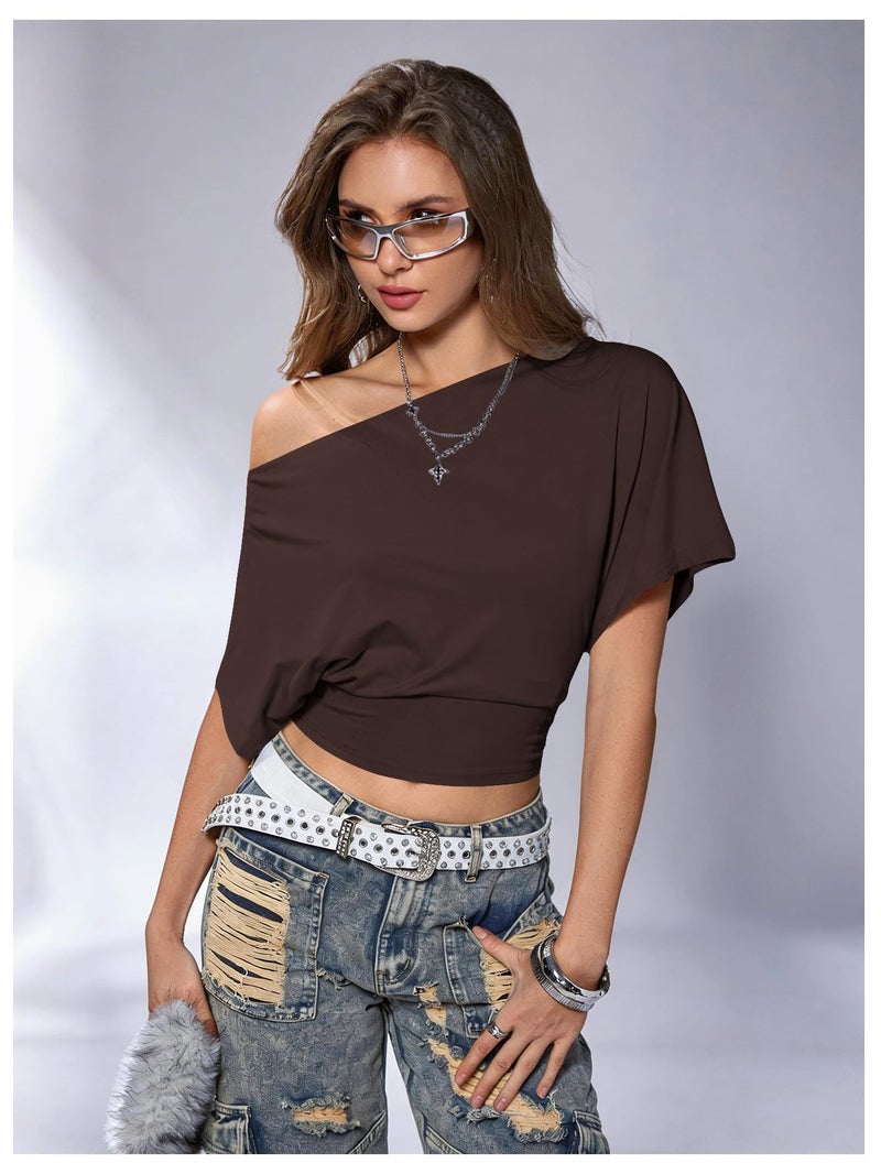 SweatyRocks Women's Off The Shoulder Crop Tops Asymmetrical Y2K Going Out Top Dolman Short Sleeve 2026 Summer Trendy Clothes Chocolate Brown Medium - Image 3