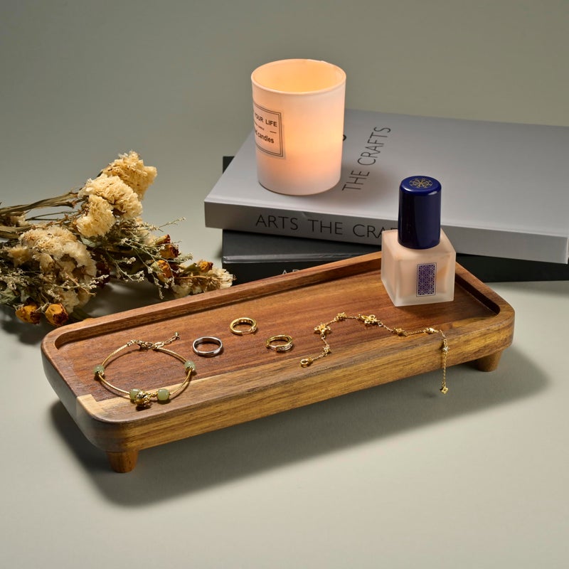 Janxin Vanity Tray, Bathroom Tray, Soap Dispenser Tray for Bathroom, Kitchen and Home Decor(Acacia-Small) - Image 1